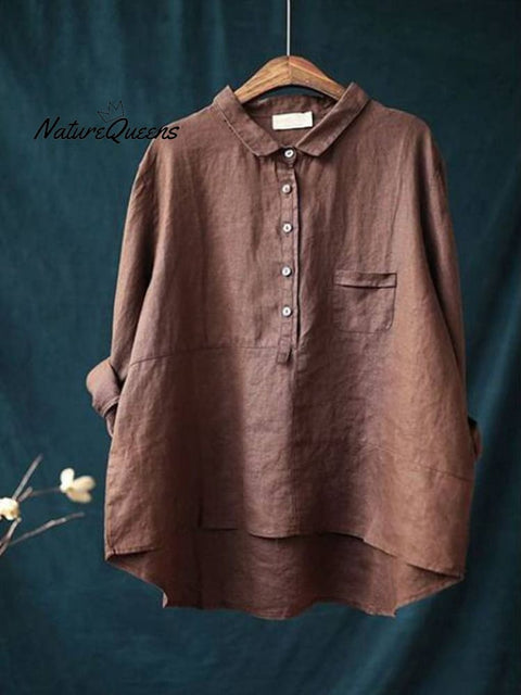 Women’s Lapel Neck Casual Solid Colour Cotton And Linen Long Sleeve Shirt Brown / M