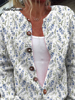 Blue Spring Lavender Floral Pattern Printed Buttoned Cardigan Sweater