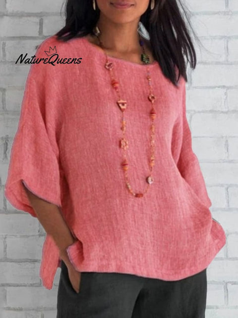 Crewneck Cotton And Linen Shirt Top Pink / S