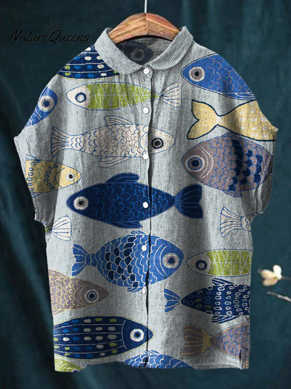 Women's Vintage Lovely Fish Art Print Casual Cotton Linen Shirt