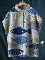Women's Vintage Lovely Fish Art Print Casual Cotton Linen Shirt