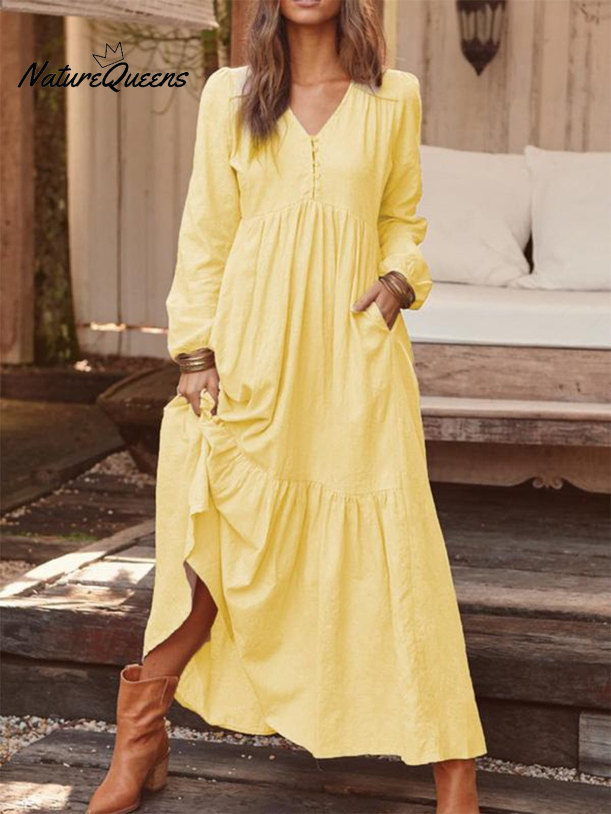 Cotton And Linen Retro Casual Long - Sleeved Dress Yellow / S
