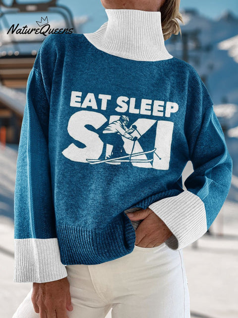 The Art of Skiing Print Knit Turtleneck Pullover Sweater