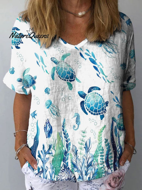 Women's Turtle Art Print Casual Cotton And Linen Shirt