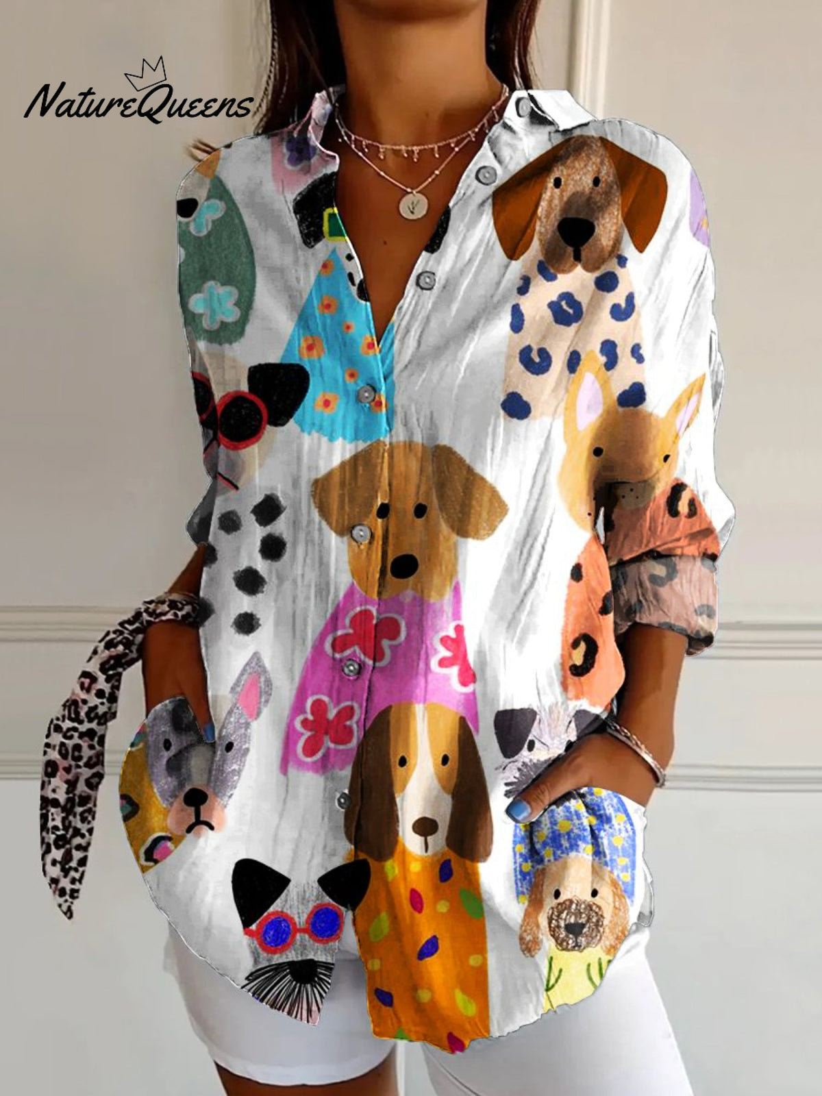 Women's Colorful Fun Cartoon Puppy Print Casual Cotton Shirt