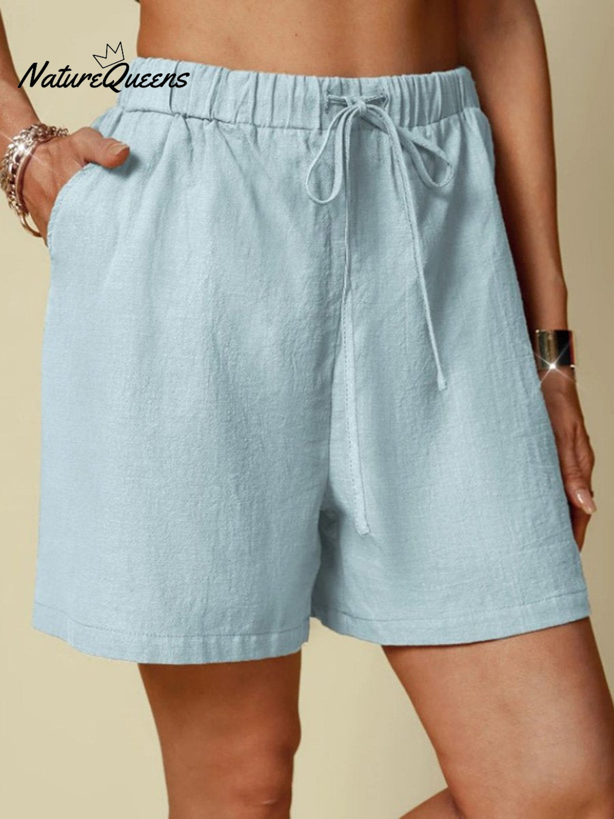 Cotton And Linen Solid Colour Casual Elastic Waist Tie Style Shorts Blue / S