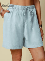 Cotton And Linen Solid Colour Casual Elastic Waist Tie Style Shorts Blue / S