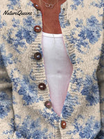 Women's Lovely Floral Art Print Buttoned Cardigan Sweater