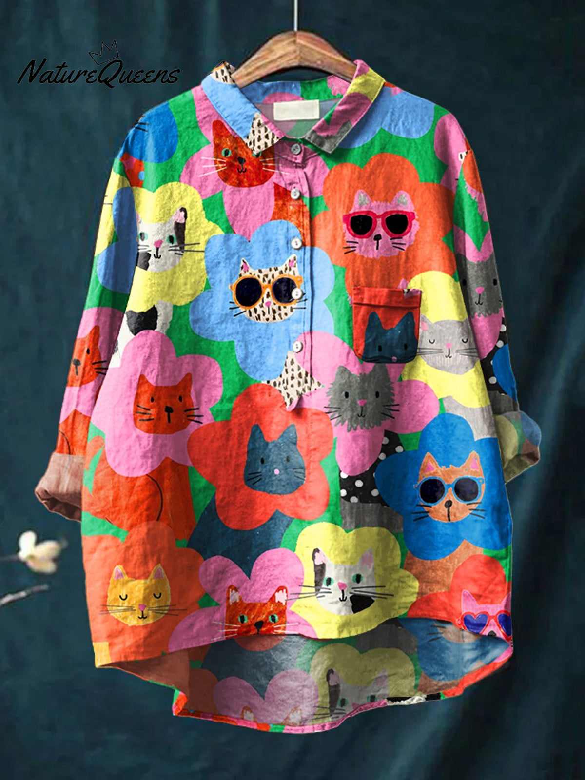 Women's CatArt Print Casual Cotton And Linen Shirt