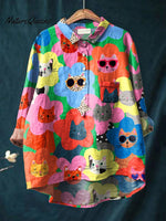Women's CatArt Print Casual Cotton And Linen Shirt