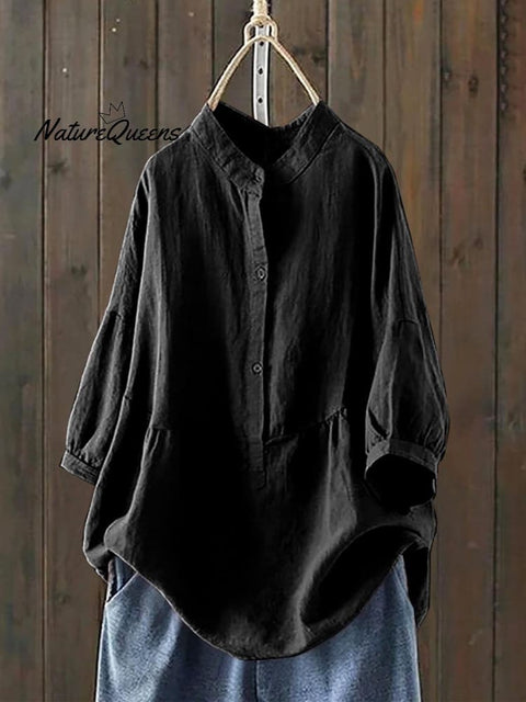 Women's Single Breasted Solid Color Pullover Casual Loose Cotton And Linen Shirt