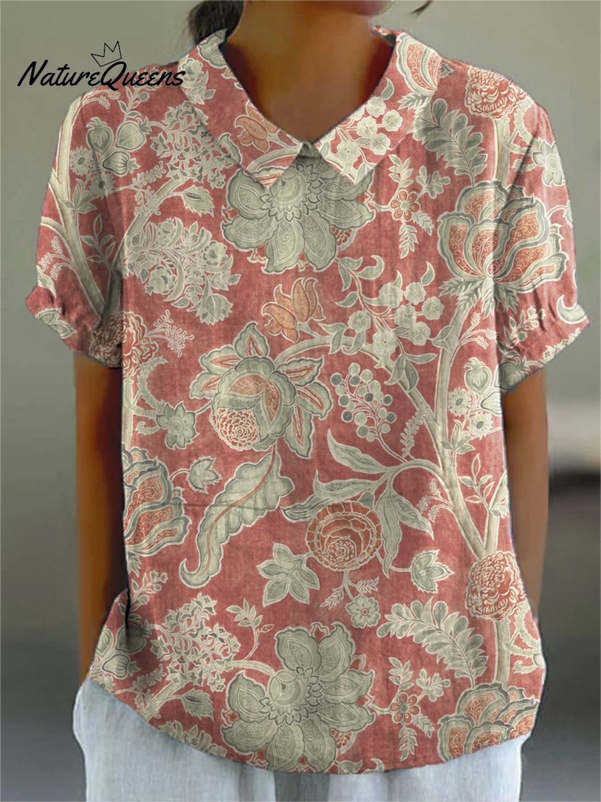 Women's Retro Hand-painted Style Floral Art Print Casual Cotton and Linen 3/4 Sleeve Shirt