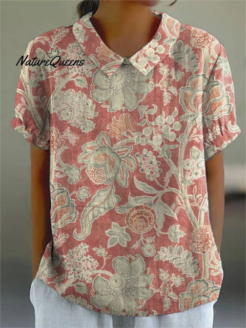 Women's Retro Hand-painted Style Floral Art Print Casual Cotton and Linen 3/4 Sleeve Shirt