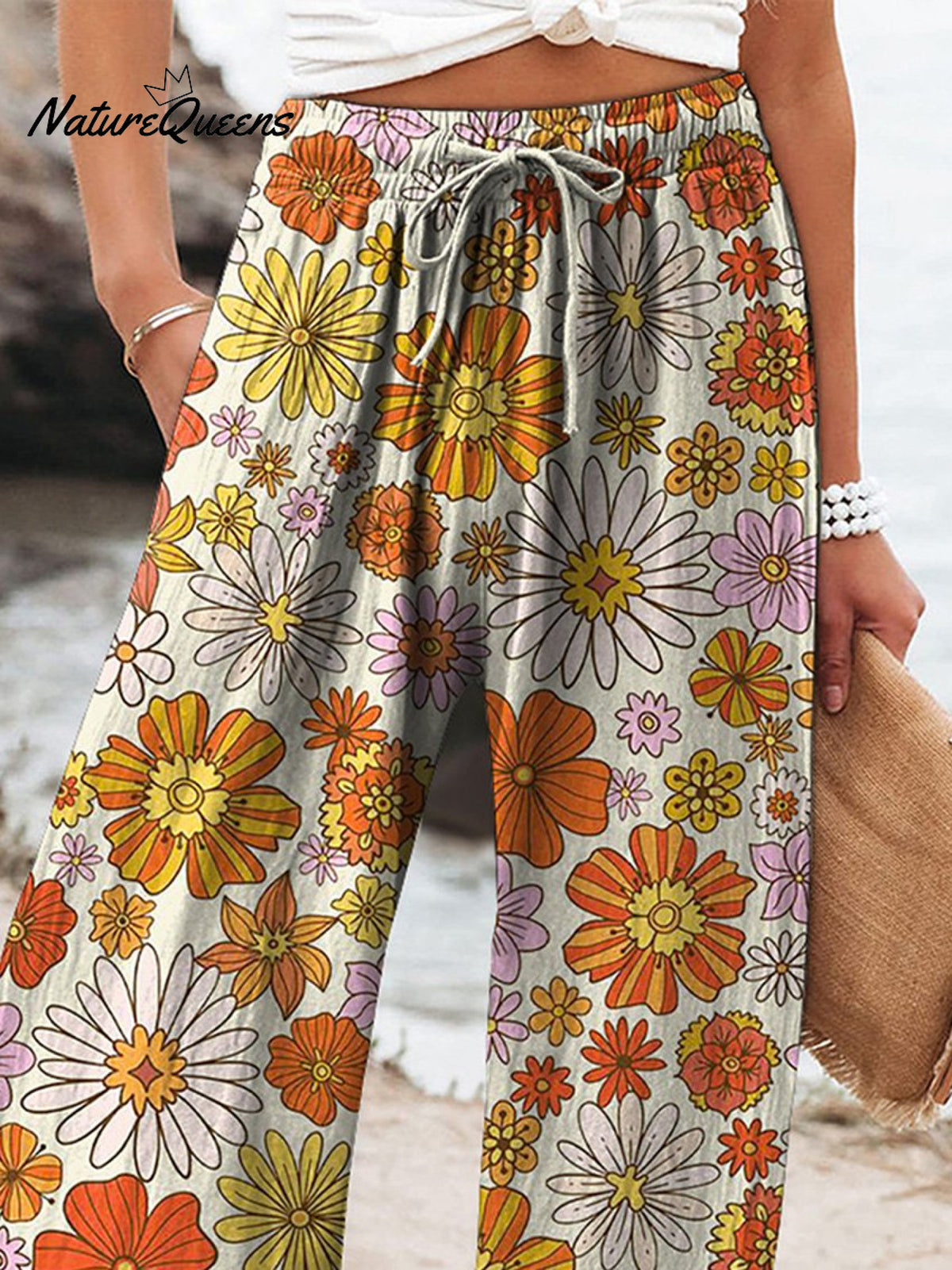 Retro Style Daisy And Chrysanthemum Repeat Pattern Printed Women’s Cotton Linen Casual Pants
