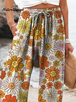 Retro Style Daisy And Chrysanthemum Repeat Pattern Printed Women’s Cotton Linen Casual Pants