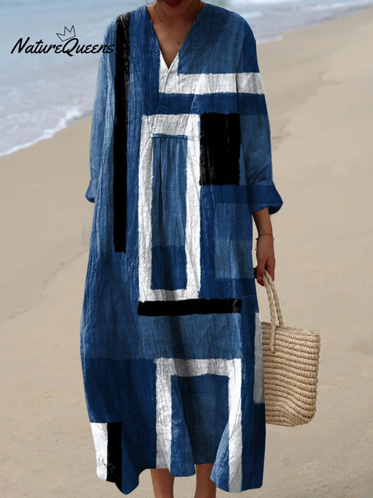 Women's Cowboy Blue Square Geometry Art Watercolor Splash Fluid Art Print Flowy Dress