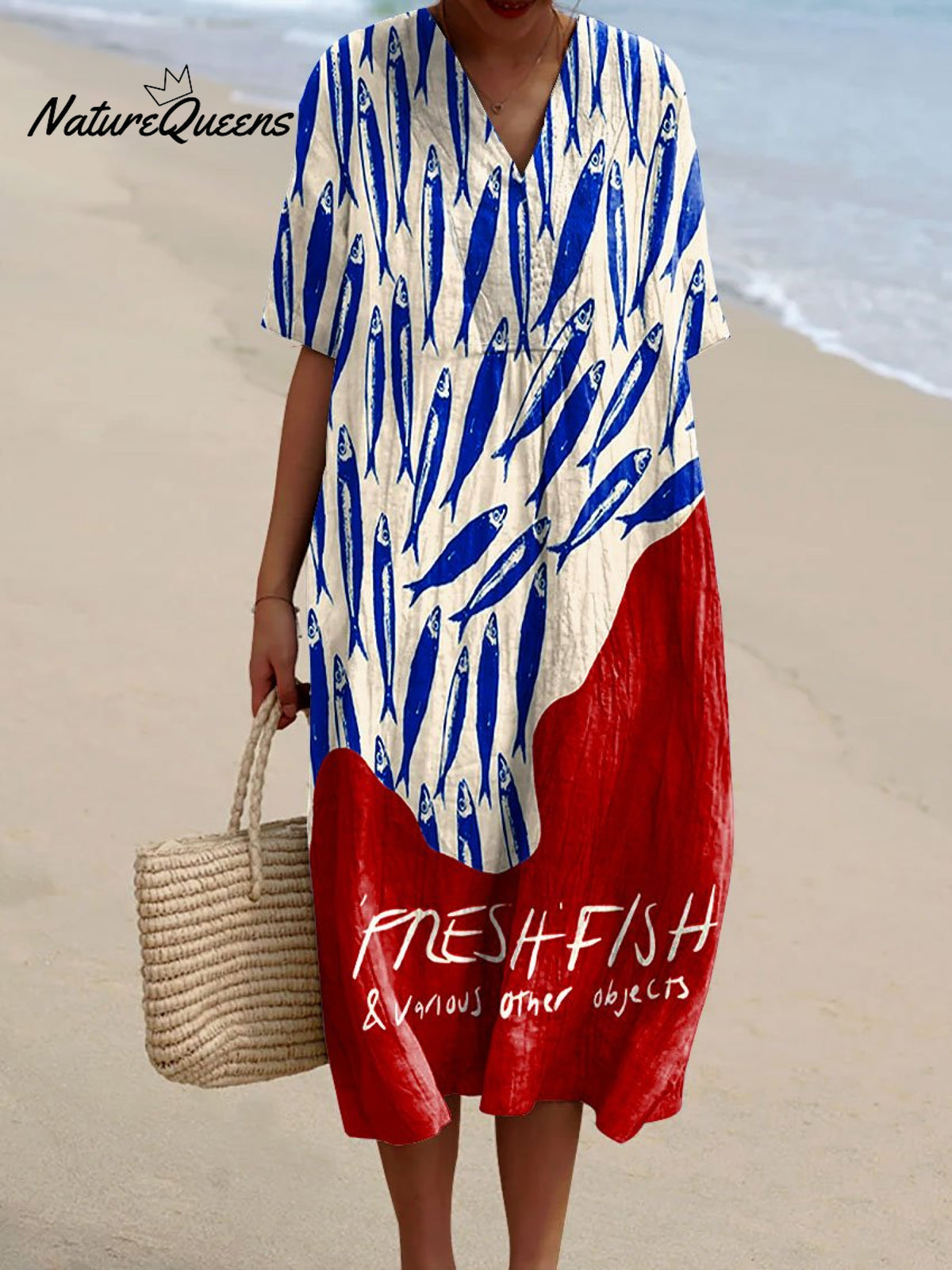 Women's Vintage Fish Sardines Art Print Flowy Dress