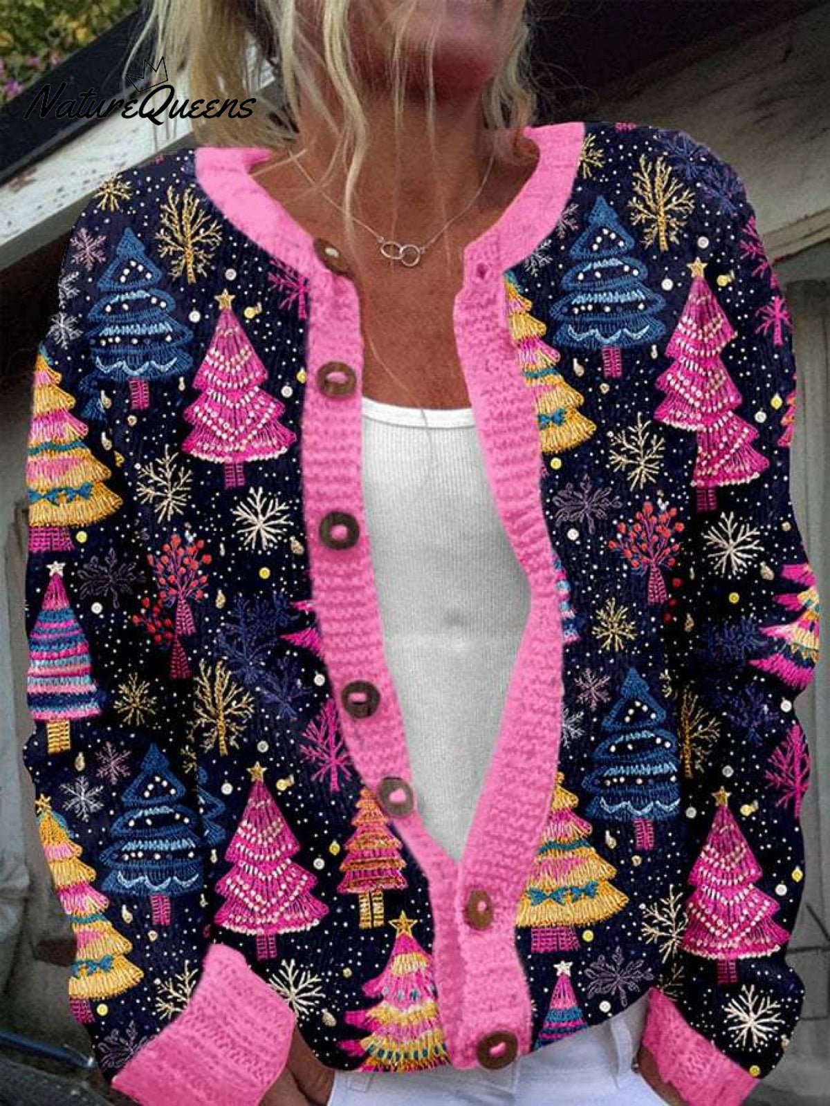 Women's Lovely Christmas Tree Art Print Buttoned Cardigan Sweater