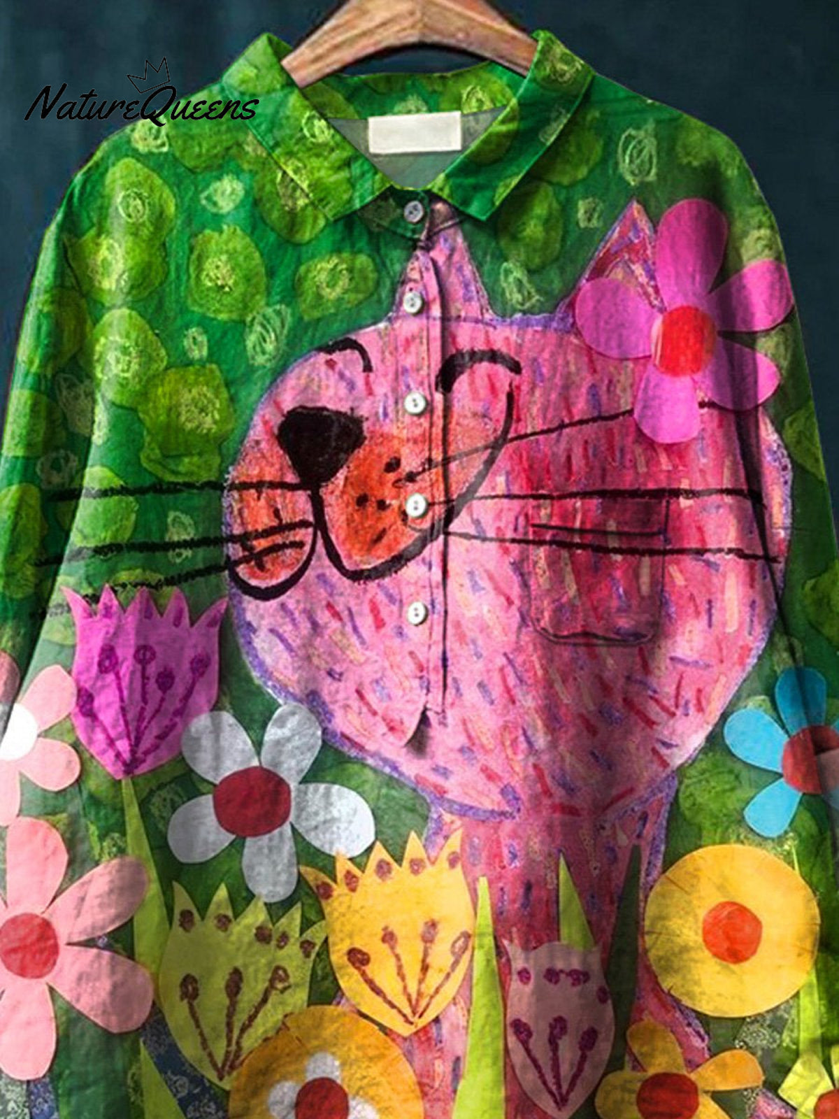 Lovely Cat In Summer Garden Art Printed Women's Casual Cotton And Linen Shirt