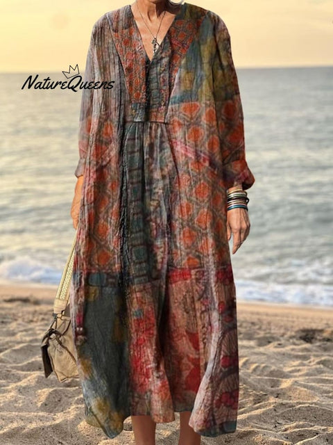 Women's Ethnic Style Patchwork Art Print V-neck Long-sleeved Dress