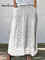 Women’s Vintage Floral Art Linen Elastic Waistband Pocket Skirt