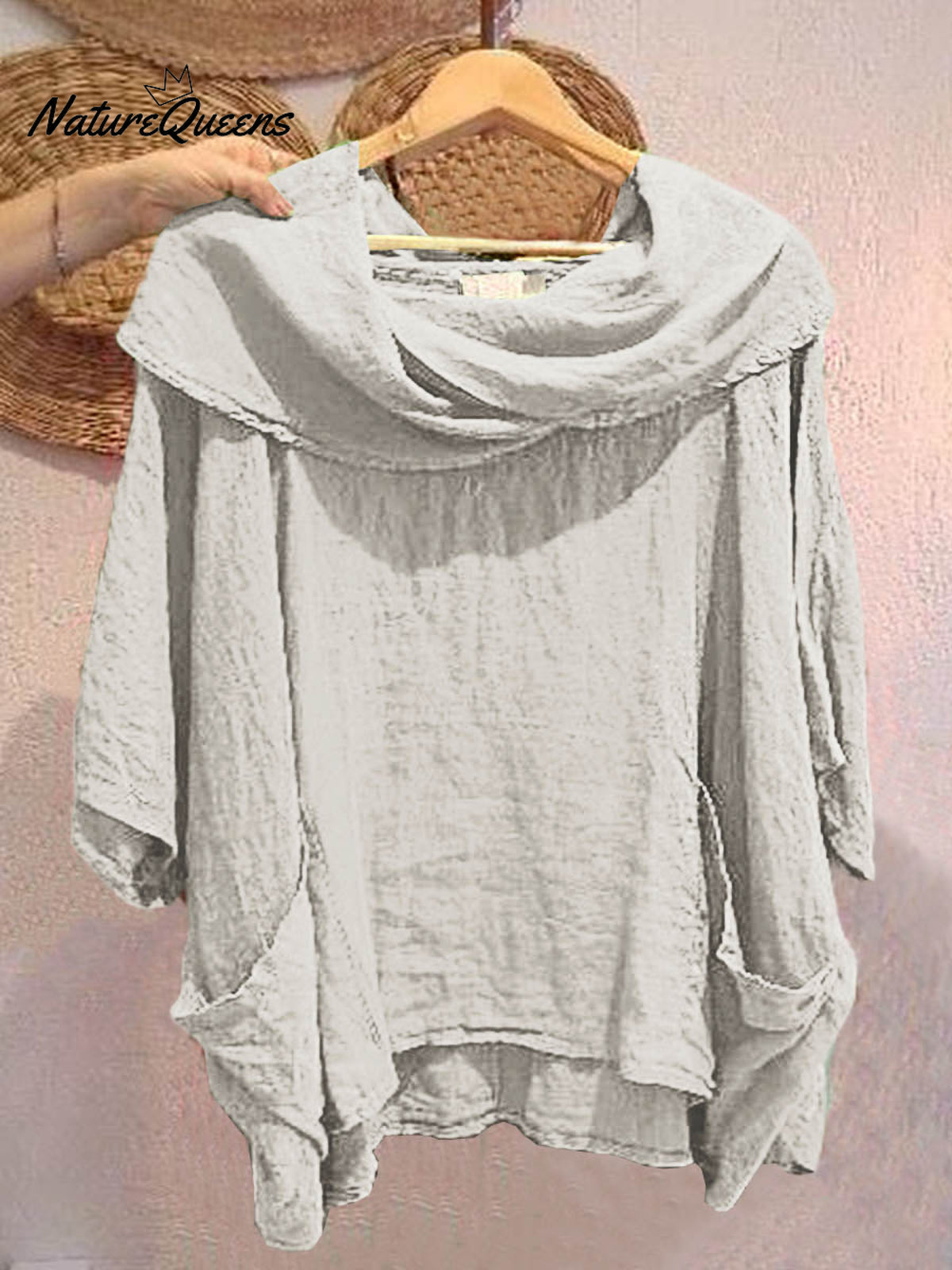 Women's Solid Color Draped Neck 3/4 Sleeve Comfortable Casual Linen Pocket Top