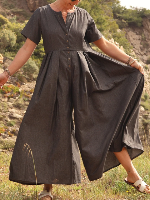 Wide-pleated Button-down Cotton and Linen Jumpsuit