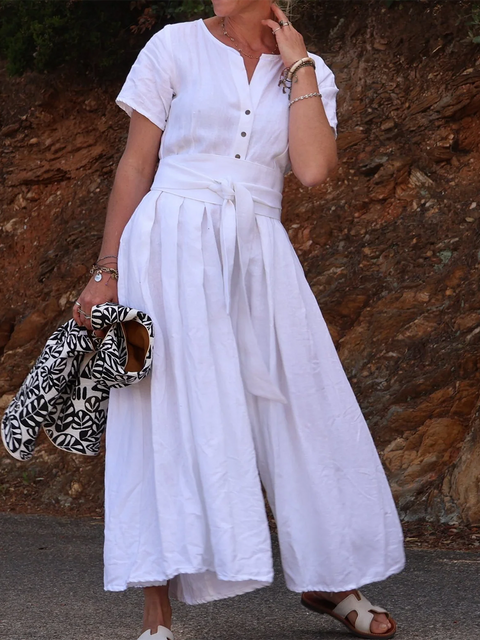 Wide-pleated Button-down Cotton and Linen Jumpsuit