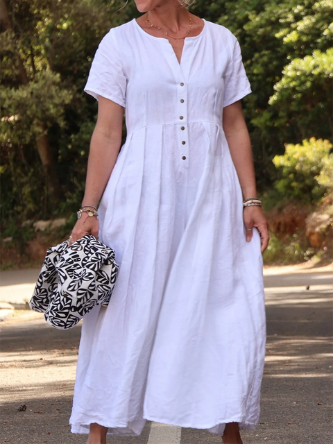 Wide-pleated Button-down Cotton and Linen Jumpsuit