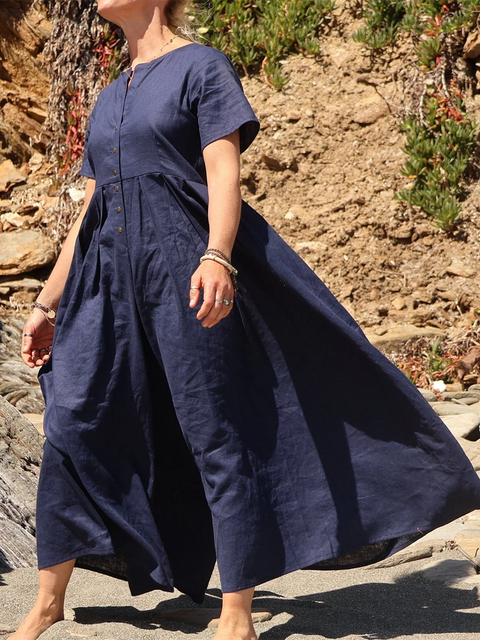 Wide-pleated Button-down Cotton and Linen Jumpsuit