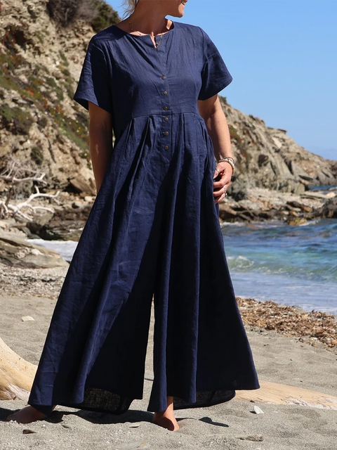 Wide-pleated Button-down Cotton and Linen Jumpsuit