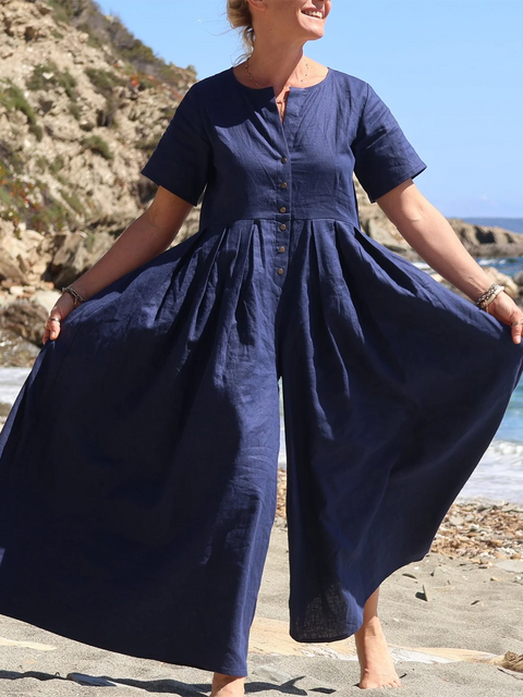 Wide-pleated Button-down Cotton and Linen Jumpsuit