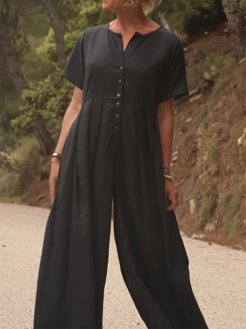 Wide-pleated Button-down Cotton and Linen Jumpsuit