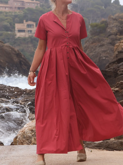 Wide-pleated Button-down Cotton and Linen Jumpsuit