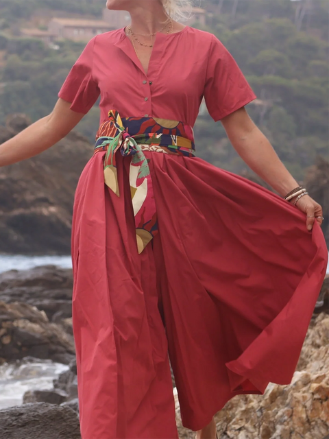 Wide-pleated Button-down Cotton and Linen Jumpsuit