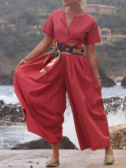 Wide-pleated Button-down Cotton and Linen Jumpsuit