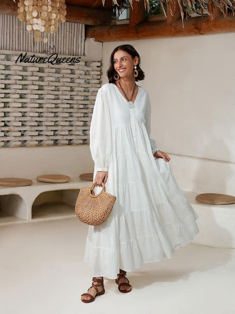 Linen Cotton Blend V Neck Maxi Dress