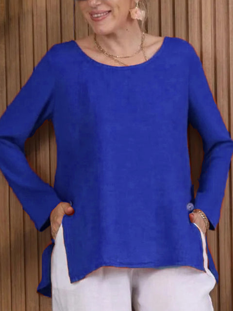 Women's Long Sleeve Button Slit Linen Top