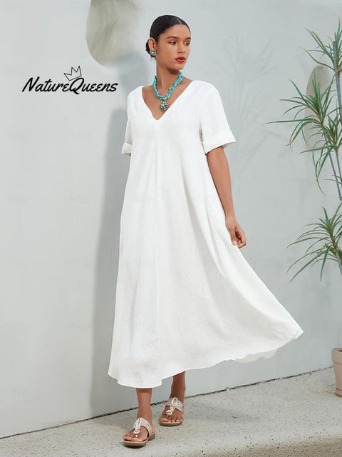 Cotton Linen A Line Solid Maxi Dress