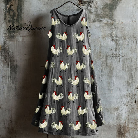 Farm Roosters Embroidered Linen Tank Dress