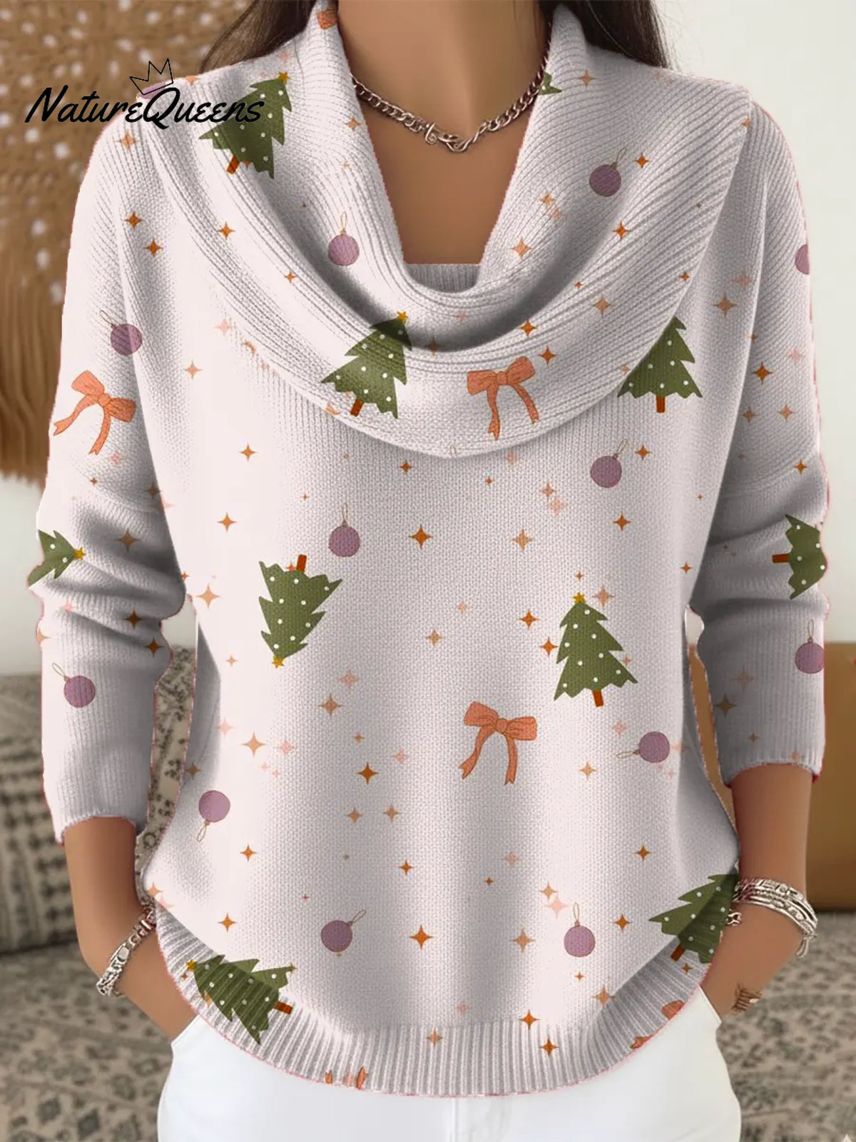 Women's Christmas Tree Pattern Art Print Casual Cowl Neck Sweater