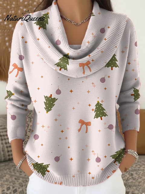 Women's Christmas Tree Pattern Art Print Casual Cowl Neck Sweater
