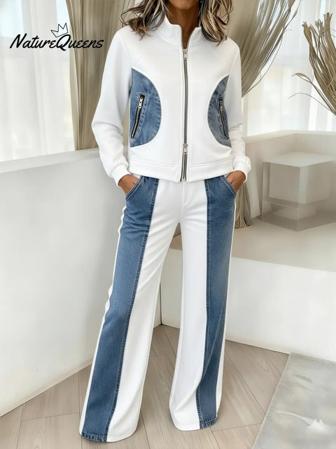 Women's Casual Zipper Patchwork Denim Cotton Sweatshirt and Pants Two-Piece Set
