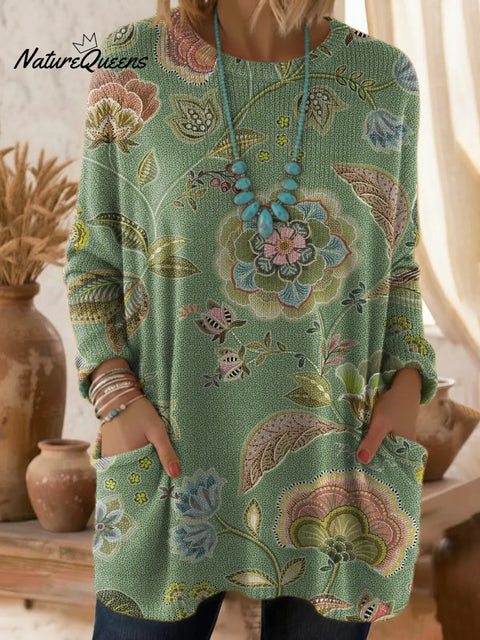 Women's Floral Pattern Art Print Casual Cotton Knitted Sweater