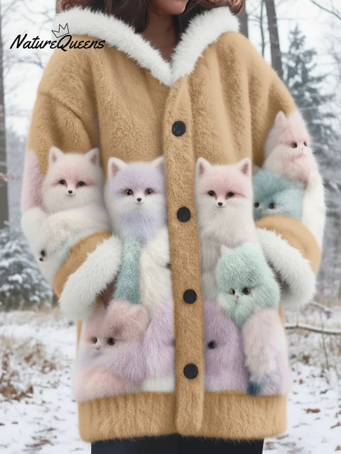 Winter Forest Cute Fox Mink Fleece Button Coat