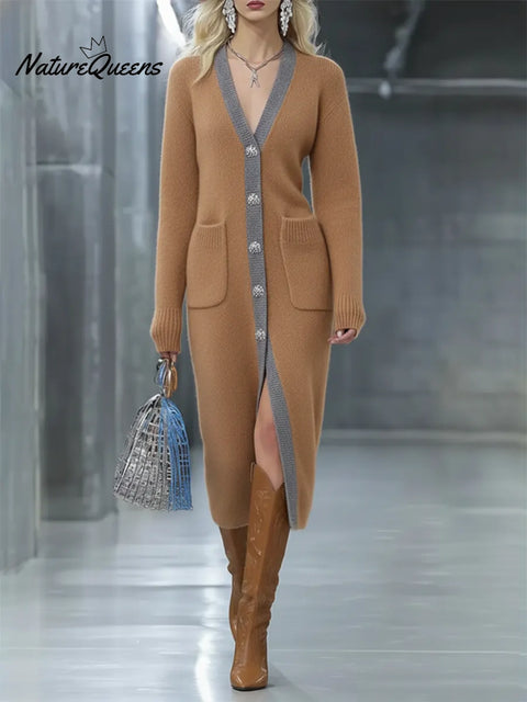 Women's Color-blocked Long Cardigan Sweater Dress