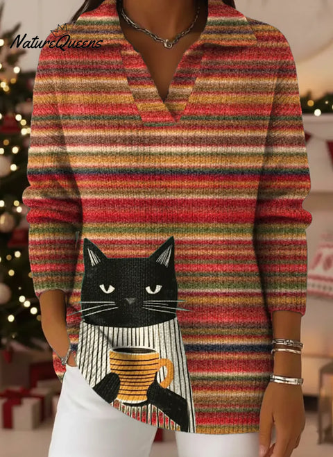 Women's Funny Cat Pattern Art Print Casual Cotton Sweater