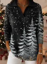 Retro Christmas Snowflake Art Pattern Polo Collar Shiny Loose Sweater Top