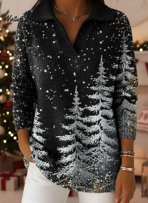 Retro Christmas Snowflake Art Pattern Polo Collar Shiny Loose Sweater Top