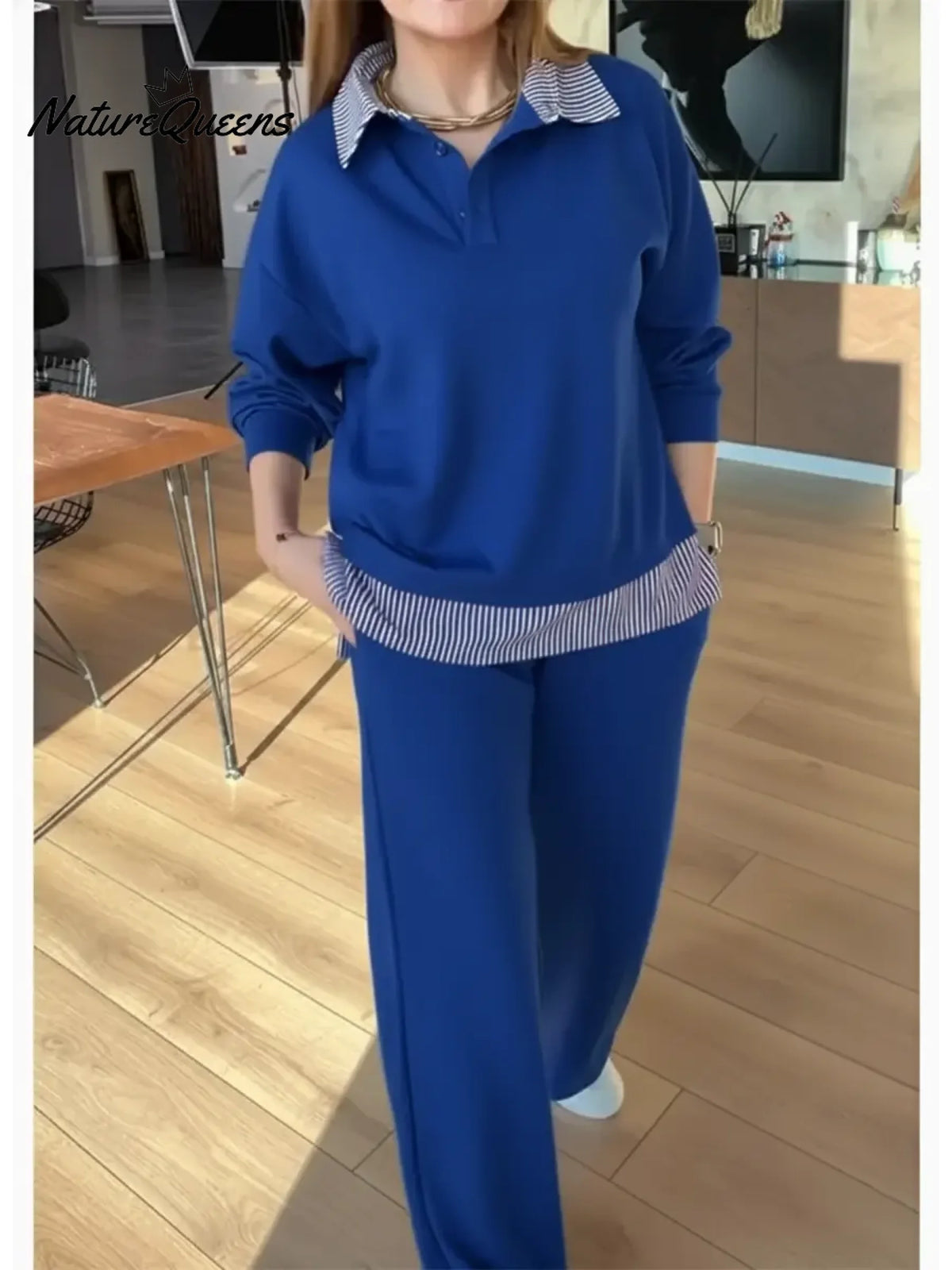 Women's Casual Striped Patchwork Cotton Sweatshirt And Pants Two-piece Set